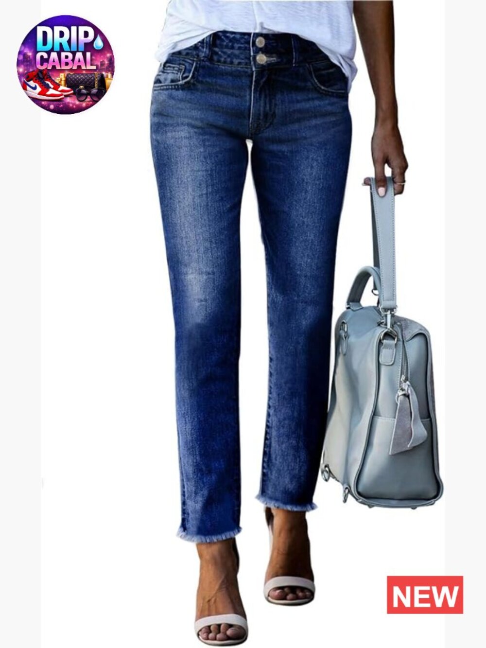 High Waisted Straight Leg Jeans with Pockets - Stretchy Raw Hem Ankle Denim